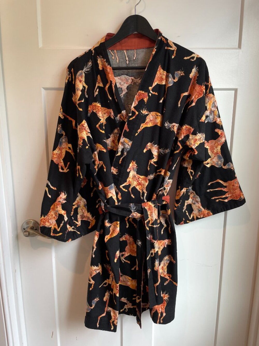 Wild Horses Short Robe Jacket Kimono 100% Cotton Boho Copper Reversible Cuffs OS - Picture 12 of 15